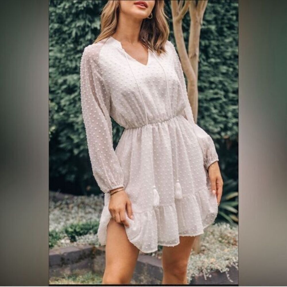 Cupshe Swiss Dot Women's Ruffle Lace Up Mini White Dress‎ Size Large RefCPS069